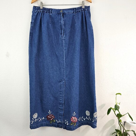 VTG Denim & Co Sz Large Floral Embroidered Maxi Denim Skirt Pockets Blue Jean - Picture 4 of 9